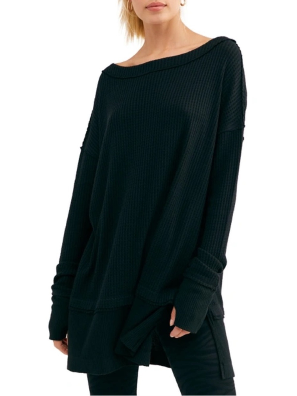 Free People Black Ribbed Off-Shoulder Long Sleeve Top